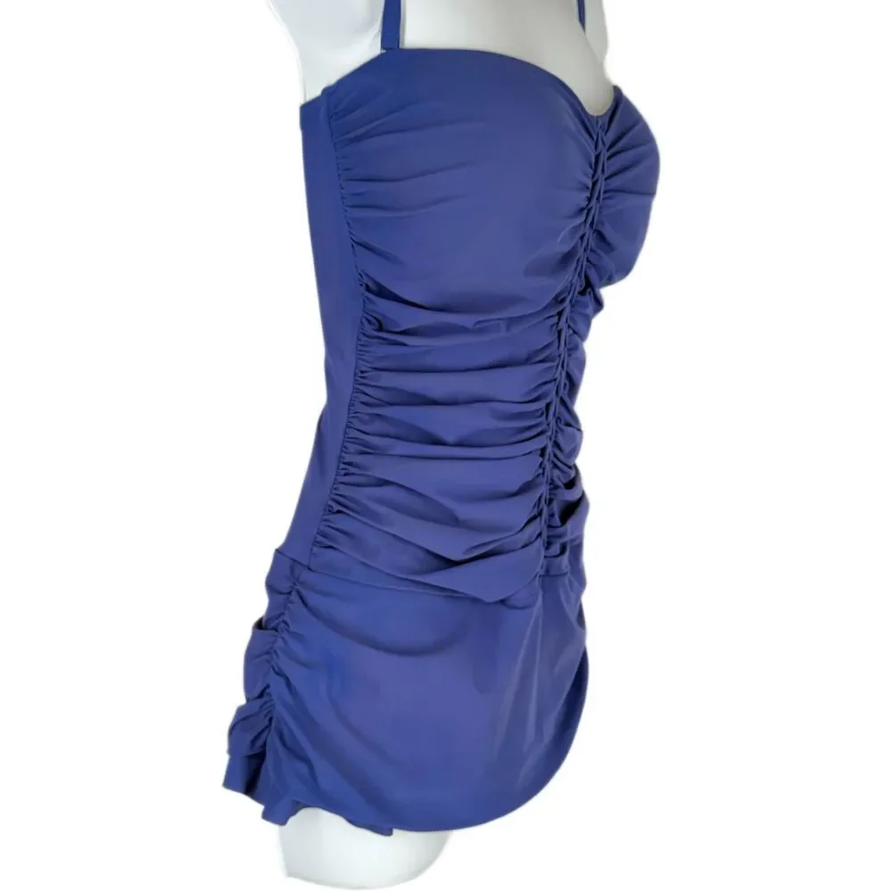 Profile by Gottex Swimsuit 12 One Piece w Skirt Blue Swim Dress Ruched Braided - Picture 4 of 10